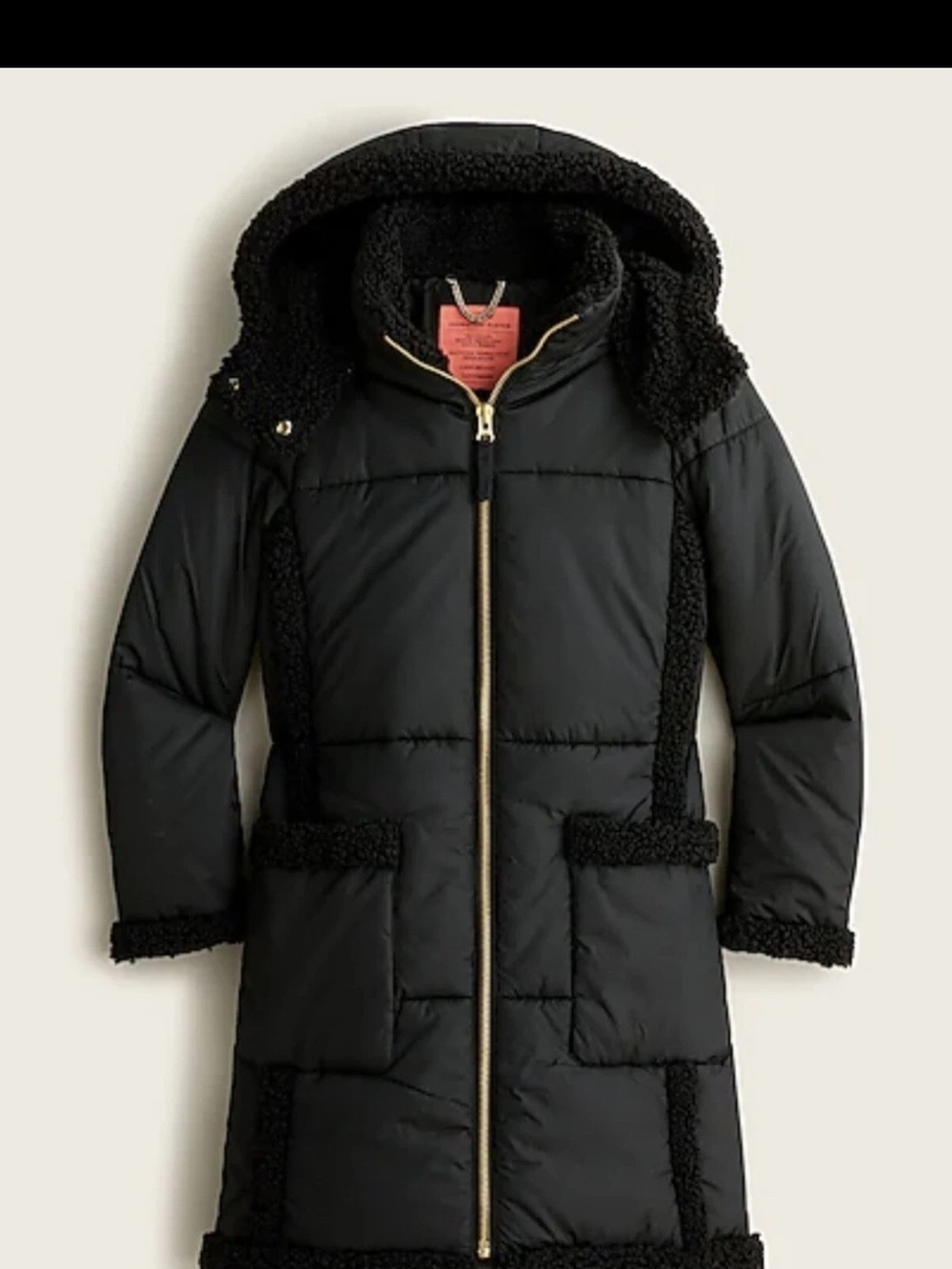 J. Crew Black Hooded Puffer Coat with Sherpa Trim
